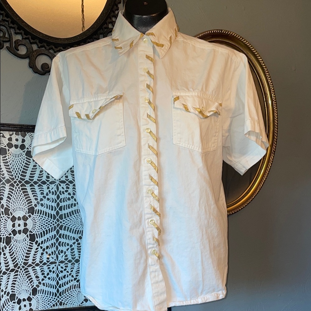 Forenza White Button Down Shirt with Gold Accents